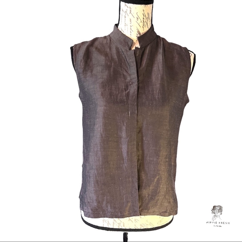 Eileen Fisher Brown Linen Silk Blend Mandarin Collar Sleeveless Blouse Petite M